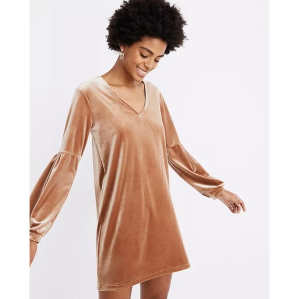 Madewell Velvet Balloon-Sleeve Dress Butterscotch Women's M
